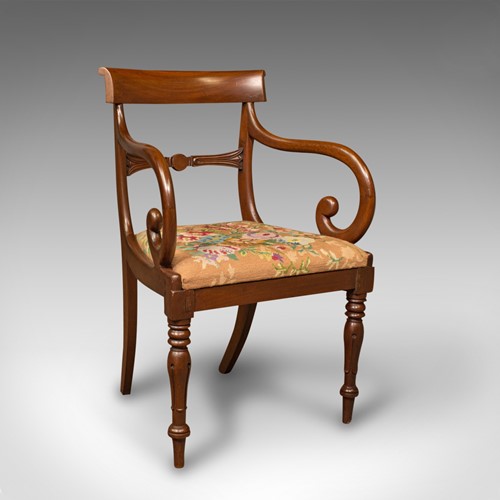 Antique Scroll Arm Chair, English, Armchair, Desk, Needlepoint, Regency, C.1830