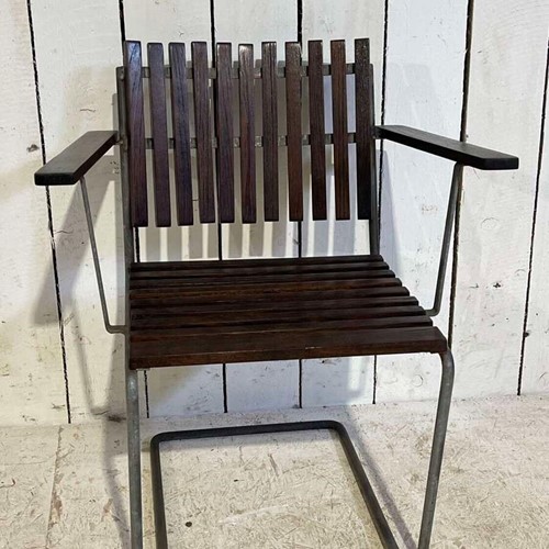 Set of 12 x teak and tubular metal frame, slatted back, 1960s dining chairs