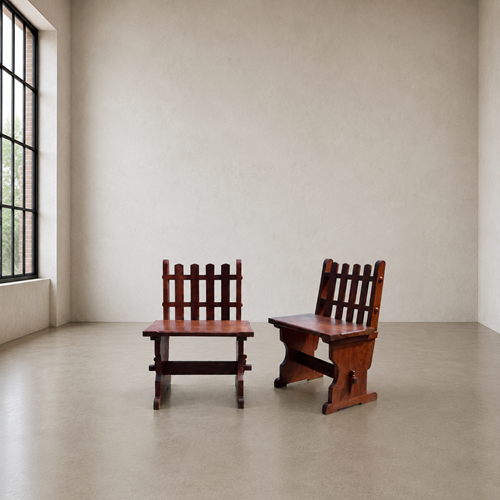 Pair Of Handcrafted Solid Mahogany Brutalist Arts & Crafts Chairs