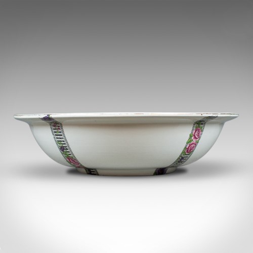 Large Vintage Fruit Bowl, Ceramic Basin, White, Decorative, Floral Bands C20th