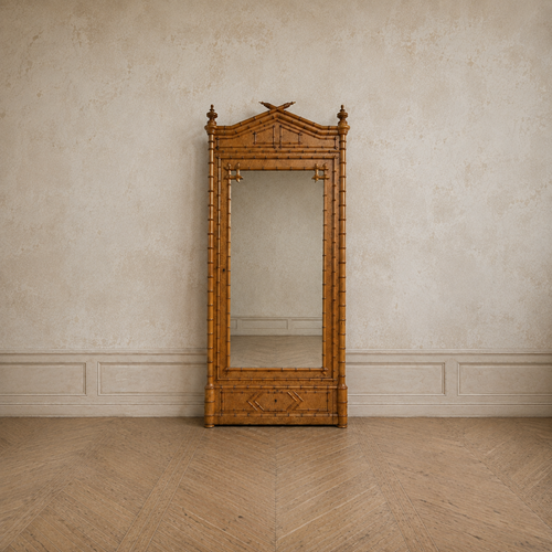French Bird’S‑Eye Maple Faux Bamboo Mirrored Armoire, Circa 1900