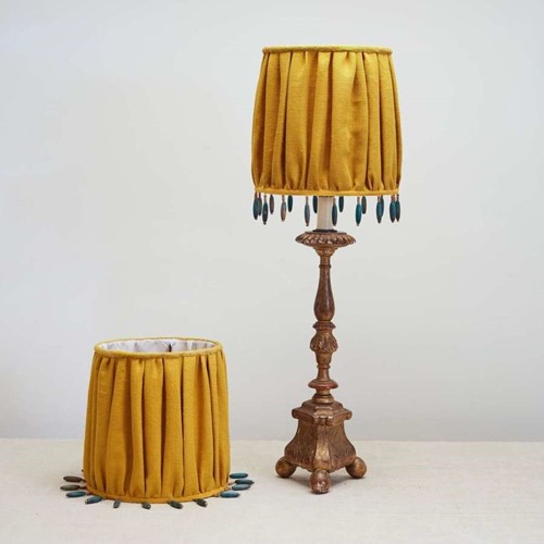 Pair of Saffron Yellow Bourette de Soie Lampshades French 19thC