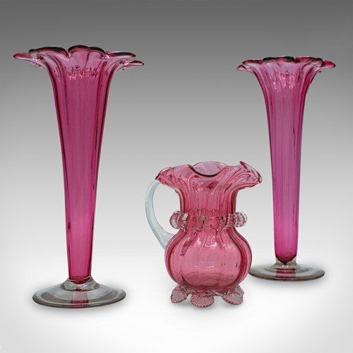 Vintage Cranberry Glass Stem Vase Set, English, Decorative, Flower Slip, Jug