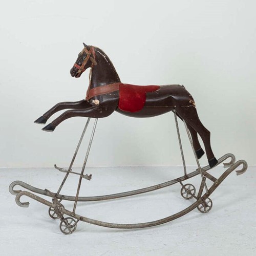 Early 20Th Century English Wooden Rocking Horse On Iron Bow Rocker