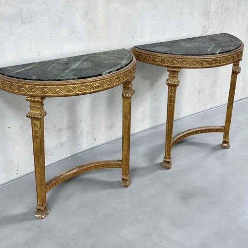 Pair C19th Giltwood Demilune Marble Console Tables, Louis XVI Revival