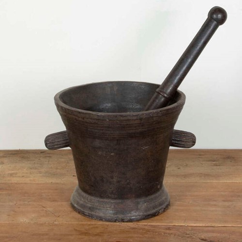 Large 18Th Century Cast Iron Pestle And Mortar