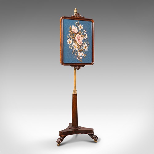 Antique Fireside Pole Screen, English, Rosewood, Needlepoint, William IV, C.1830