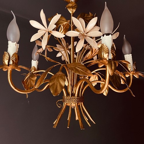 Pretty French Cream Flower & Gilt Chandelier