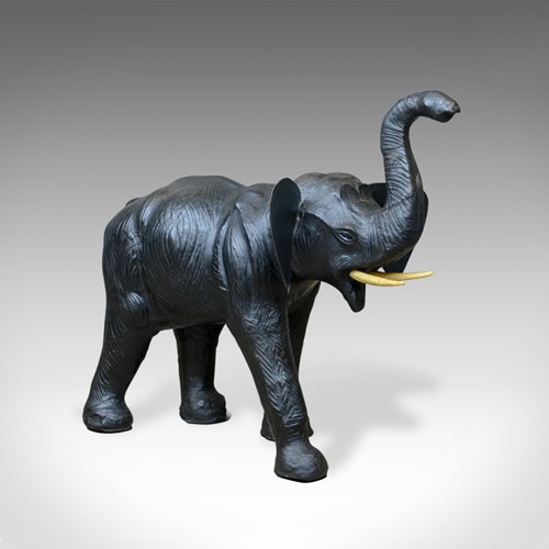 Large Vintage Leather Elephant Sculpture, 3 Foot Tall Model, Mid 20th Century