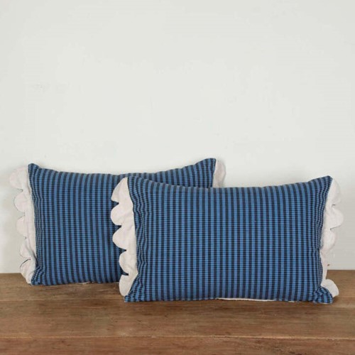 Pair of Plaid Cushions with Scalloped Sides