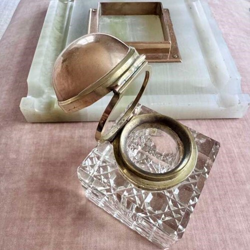 Onyx, brass & crystal Partner’s Ink Well Pen Tray C1900