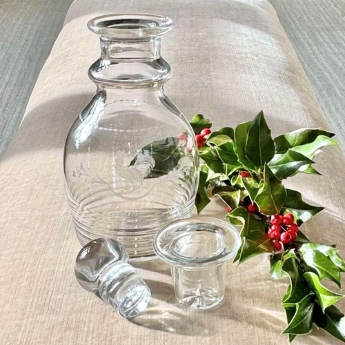 Rare Art Deco etched cocktail decanter with citrus squeezer stopper C1930