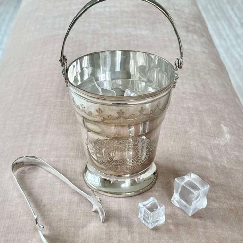 Mid 20C silver plated swing handled ice bucket & tongs set
