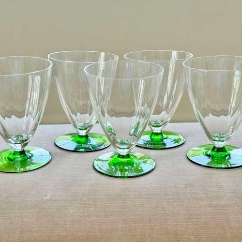 5 Art Deco green based moulded glass tumblers