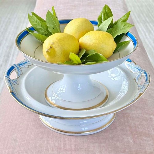 Pair Old Paris Porcelain cobalt blue & gold pedestal serving dishes
