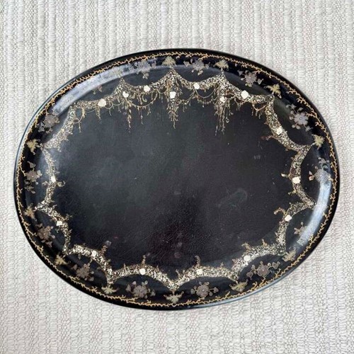 Giant Victorian mother of pearl inlaid & gilt Papier Mache tray C1850
