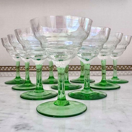 10 Art Deco Iridescent Green Stem Glasses C1930