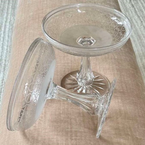 Pair Victorian etched glass Tazza Comport dishes