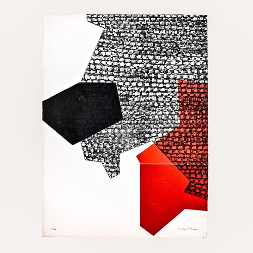 Abstract Composition In Red And Black, Etching With Aquatint By Jacqueline Debut
