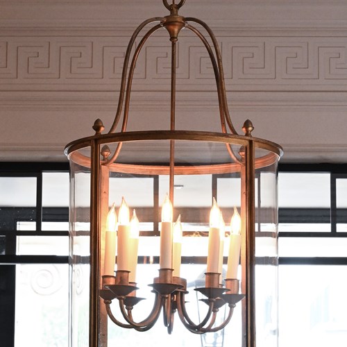 Large Gilt Metal Eight-Light Cylindrical Hall Lantern In The Louis XVI Manner