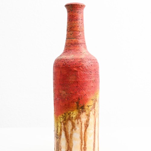 Tall Textured Red And Cream Bottle Vase By Marcello Fantoni, Florence
