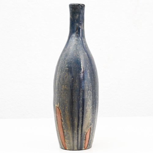 Tall Blue-Grey Glazed Ceramic Bottle Vase By Marcello Fantoni (1915–2011)