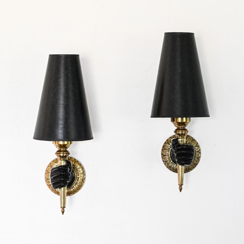 Pair Of French Hand And Torch Wall Sconces With Black Shades, In The Manner Of A