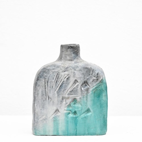 Incised Aqua And Grey Ceramic Vase By Marcello Fantoni