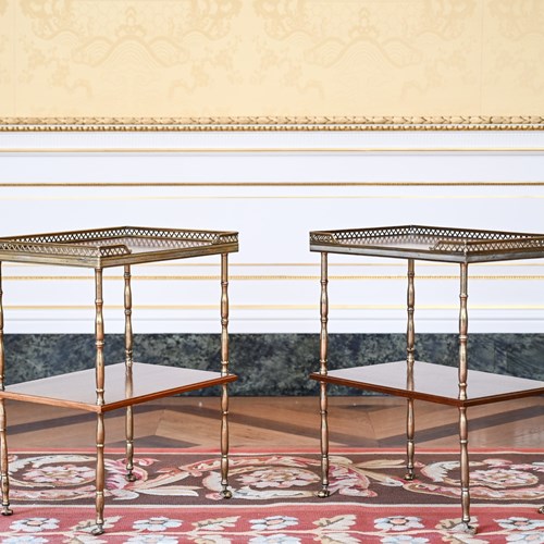 Pair Of Brass & Mahogany Two-Tier Étagère Tables, In The Manner Of Maison Baguès