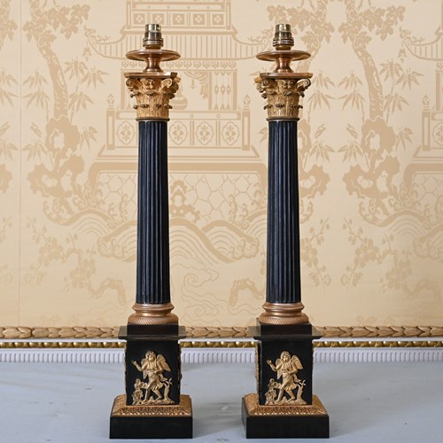 Pair Of Empire Bronze & Mercury-Gilt Column Lamps