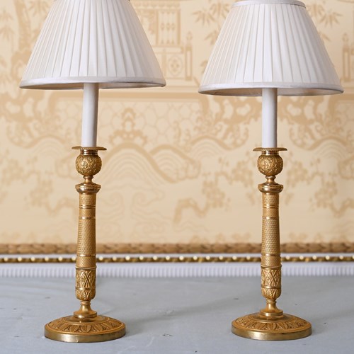Pair Of French Restauration Gilt-Bronze Candlestick Lamps