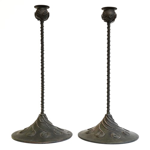 Pair Of Rivière Studios Arts & Crafts Copper Candlesticks With Twisted Stems USA