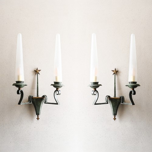 Pair Of French Two-Branch Wall Sconces In The Gothic Medieval Revival Taste