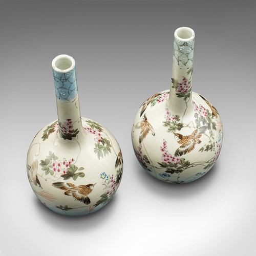 Pair Of Antique Single Stem Vases, Japanese, Ceramic, Meiji Period, Victorian