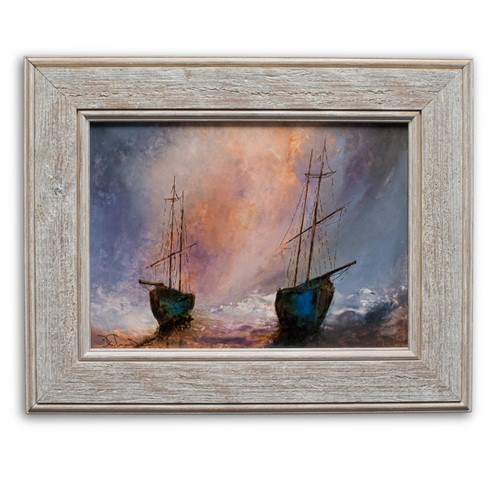 Framed Maritime, Oil Painting, Marine, Ships, Dawn, Art, Original, 15.5" x 12.5"