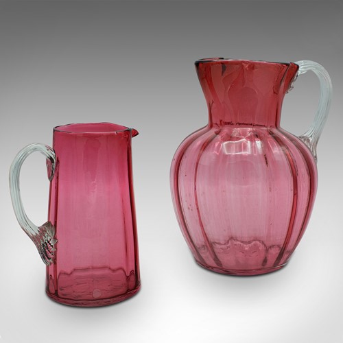 Vintage Cordial Mixer Set, English, Cranberry Glass, Hand-Blown, Pouring Jug