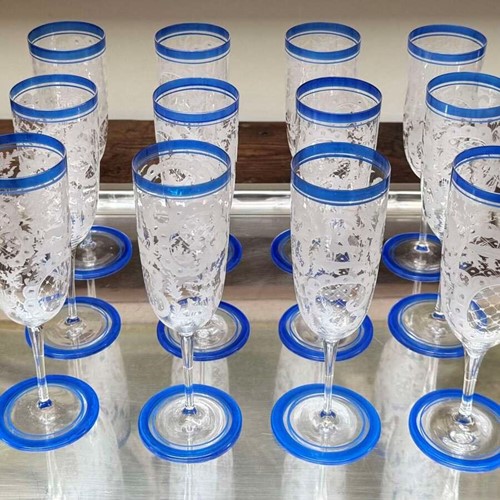 12 Art Deco Bohemian Etched Champagne Flutes With Blue Enamel Rims