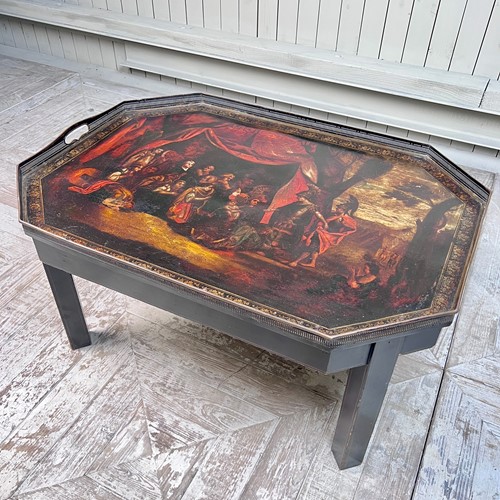 19Th Century Octagonal Tole Tray Table - The Family Of Darius Before Alexander