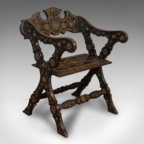 Antique X-Frame Chair, Middle Eastern, Mahogany, Seat, Bone Inlay, Circa 1850