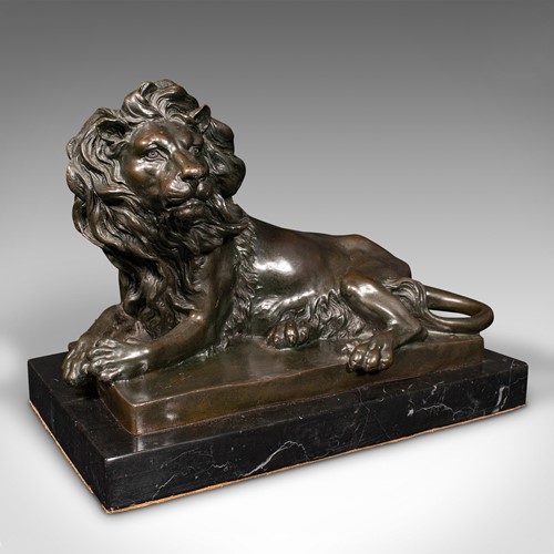 Vintage Recumbent Lion Figure, Continental, Bronze Animal Sculpture, After Barye