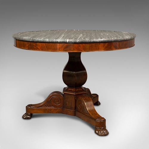 Antique Drum Table, English, Flame, Marble, Circular, Centre, Regency, C.1820