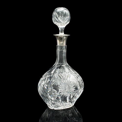 Vintage Spirit Decanter, English, Glass, Sterling Silver Collar, Hallmarked 1933