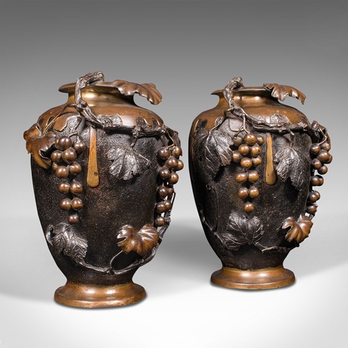 Large Pair Of Antique Decorative Vases, Japanese, Bronze, Amphora, Victorian
