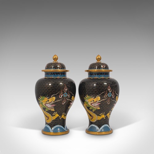 Pair Of, Antique Decorative Spice Jars, Chinese, Cloisonne, Baluster Urn, C.1900
