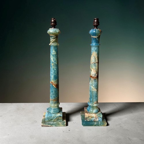 Rare Pair Of Midcentury Blue-Green Onyx Column Table Lamps