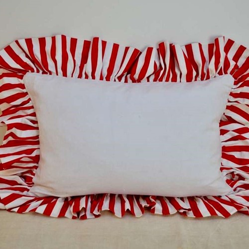 White Linen Cushion With A Red Frill French 19Th Century