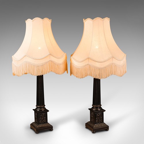 Pair Of Vintage Corinthian Lamps, English, Bronzed, Table Light, Classical Taste