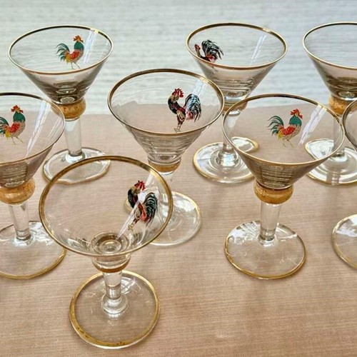 9 Art Deco Enamelled Cockerel Painted & Gold Rim Cocktail Glasses