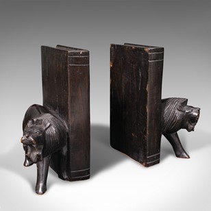 Pair of Antique Carved Lion Bookend...