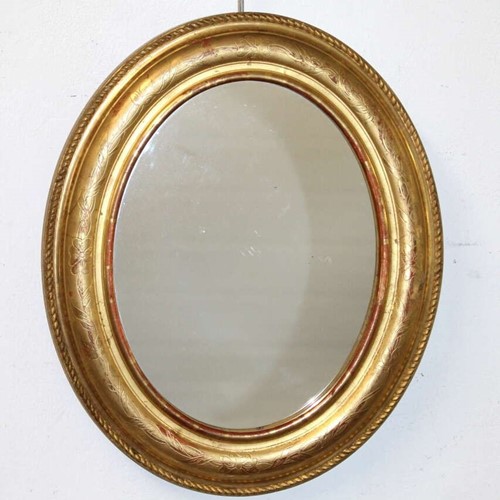 Small Antique French Etched Gilt Oval Mirror